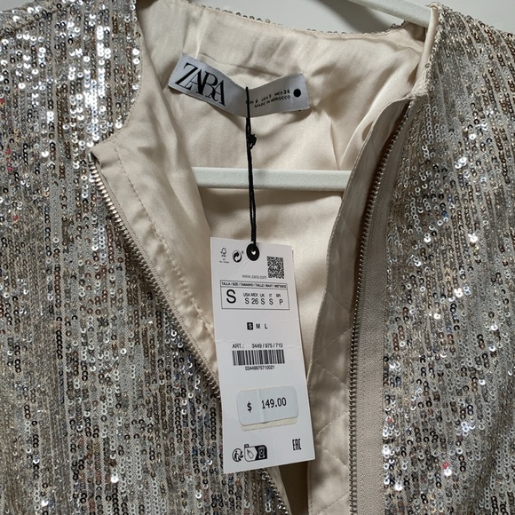 Zara Sequined Bomber Jacket In Beige Size Small - Picture 12 of 15
